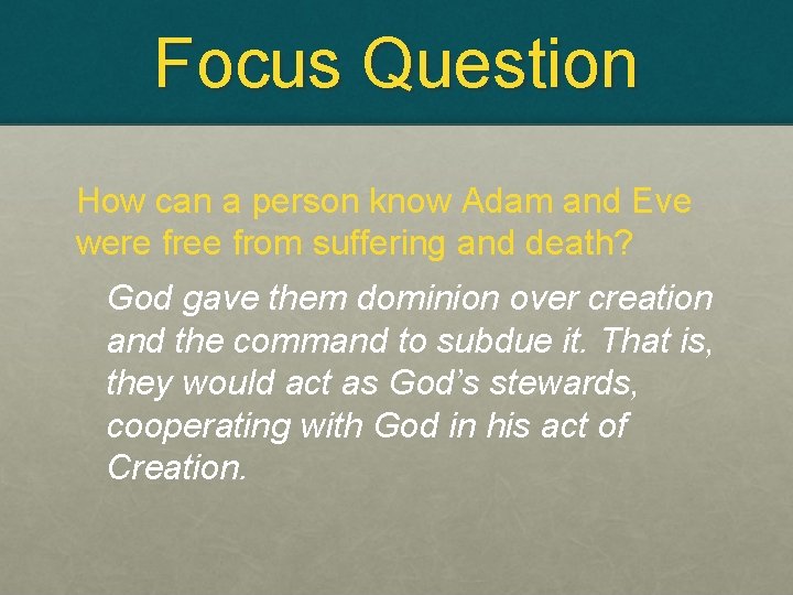 Focus Question How can a person know Adam and Eve were free from suffering