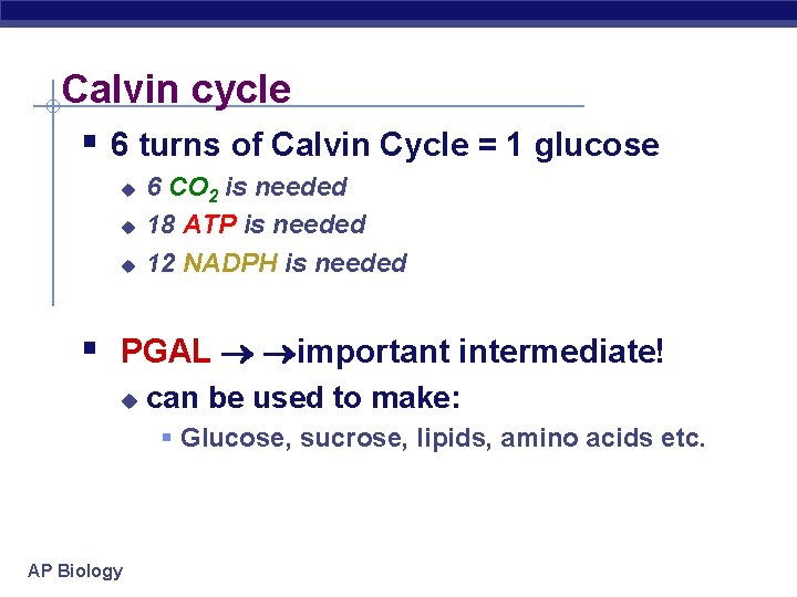 Calvin cycle § 6 turns of Calvin Cycle = 1 glucose u u u