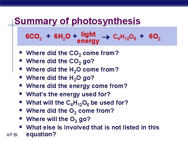 Summary of photosynthesis 6 CO 2 + 6 H 2 O + light C