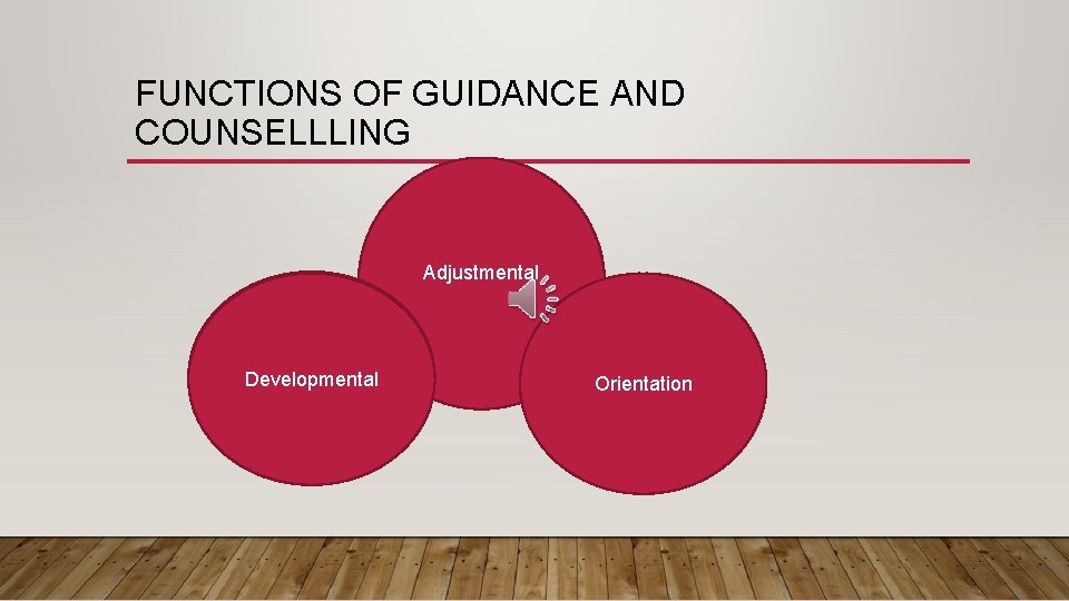 FUNCTIONS OF GUIDANCE AND COUNSELLLING Adjustmental Developmental Orientation 