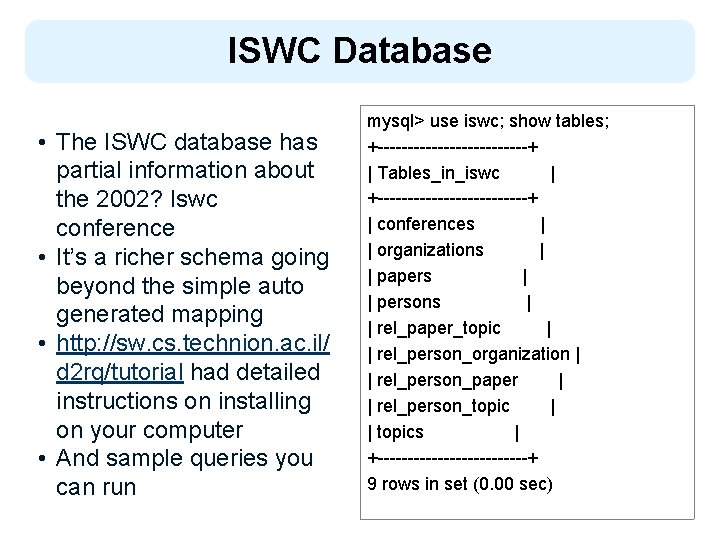 ISWC Database • The ISWC database has partial information about the 2002? Iswc conference
