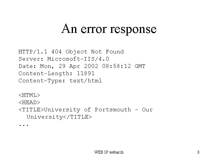 An error response HTTP/1. 1 404 Object Not Found Server: Microsoft-IIS/4. 0 Date: Mon,
