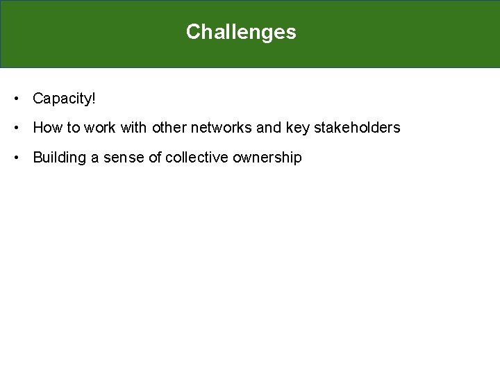 Challenges • Capacity! • How to work with other networks and key stakeholders •
