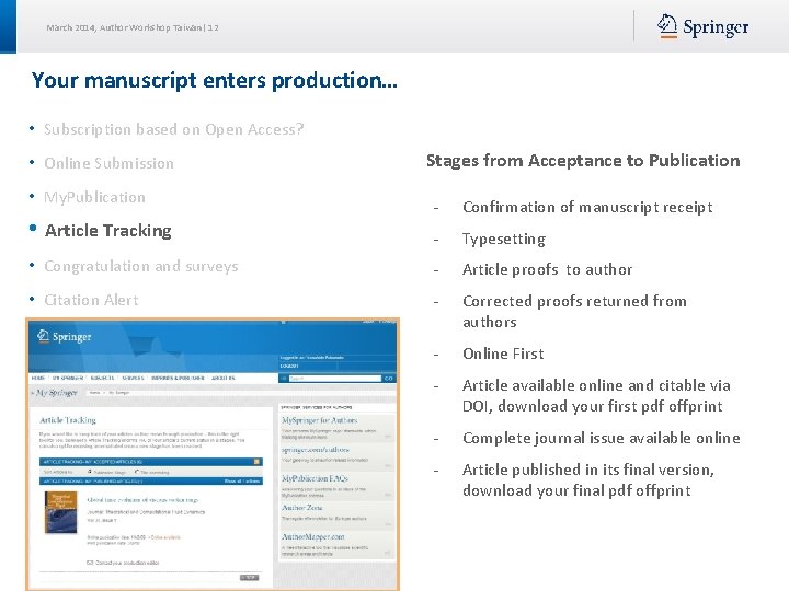March 2014, Author Workshop Taiwan| 12 Your manuscript enters production… • Subscription based on