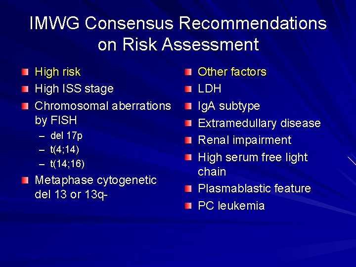 IMWG Consensus Recommendations on Risk Assessment High risk High ISS stage Chromosomal aberrations by