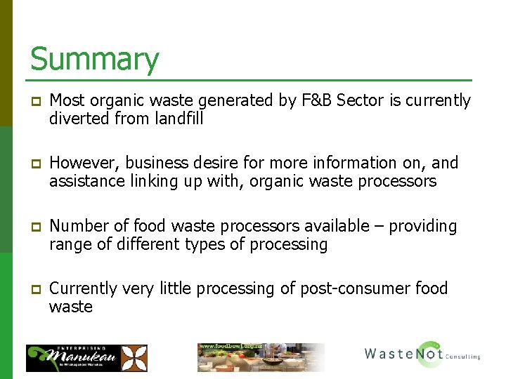 Summary p Most organic waste generated by F&B Sector is currently diverted from landfill