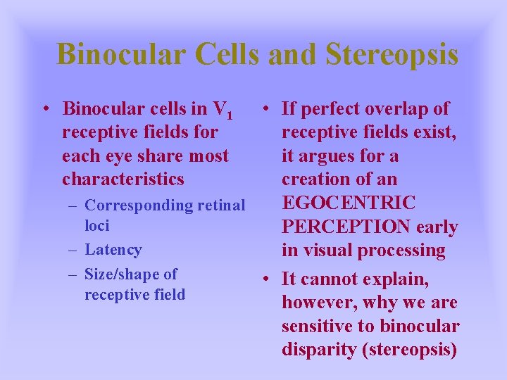 Binocular Cells and Stereopsis • Binocular cells in V 1 receptive fields for each