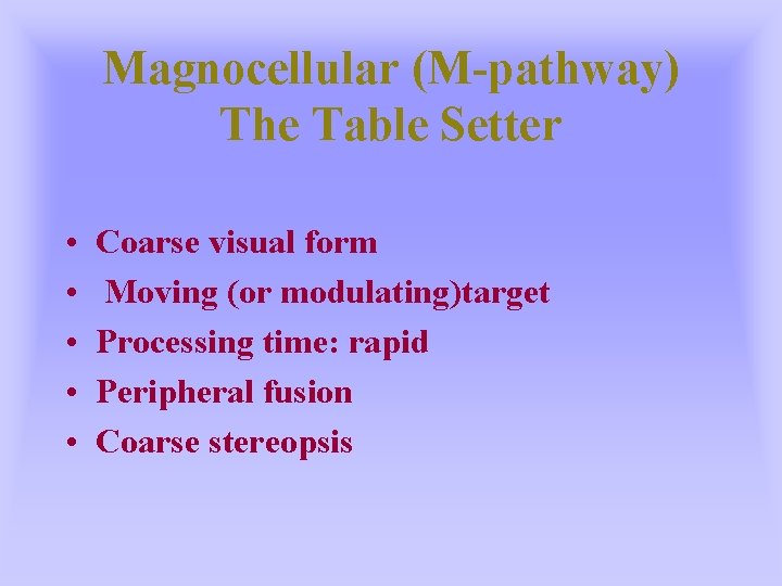 Magnocellular (M-pathway) The Table Setter • • • Coarse visual form Moving (or modulating)target