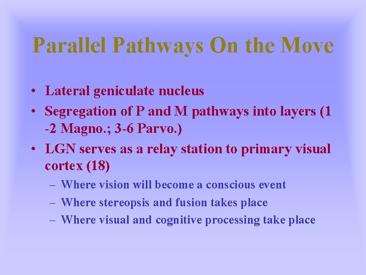 Parallel Pathways On the Move • Lateral geniculate nucleus • Segregation of P and