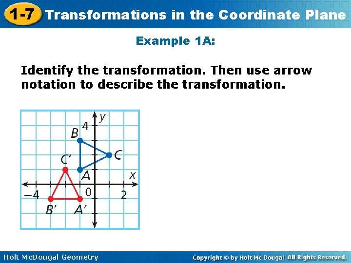 1 -7 Transformations in the Coordinate Plane Example 1 A: Identify the transformation. Then
