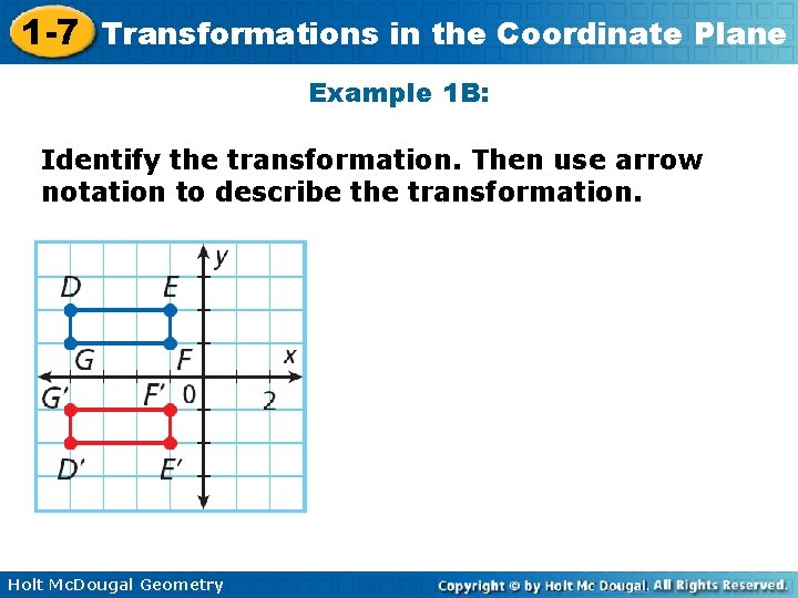 1 -7 Transformations in the Coordinate Plane Example 1 B: Identify the transformation. Then