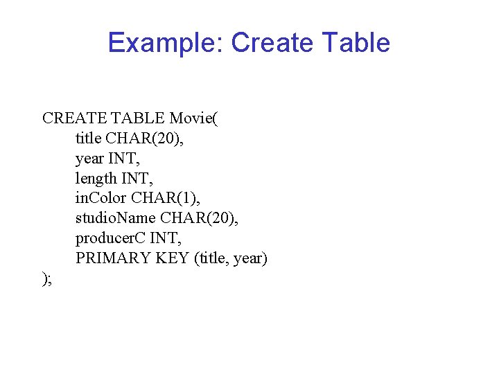 Example: Create Table CREATE TABLE Movie( title CHAR(20), year INT, length INT, in. Color