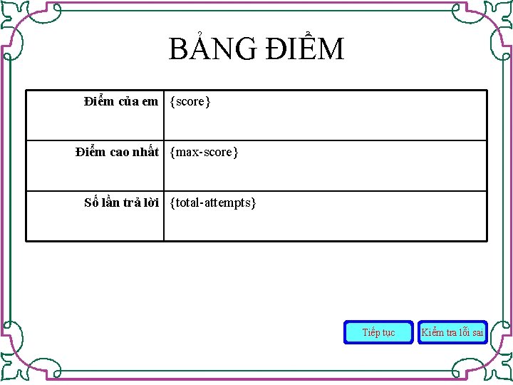 BẢNG ĐIỂM Điểm của em {score} Điểm cao nhất {max-score} Số lần trả lời