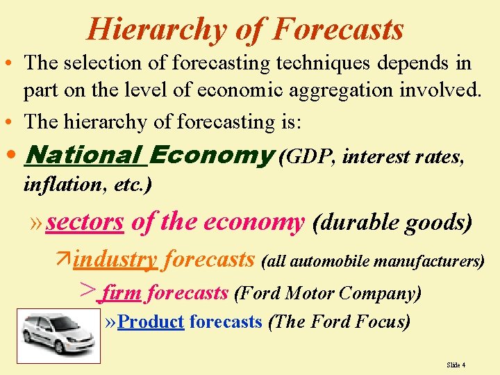 Hierarchy of Forecasts • The selection of forecasting techniques depends in part on the