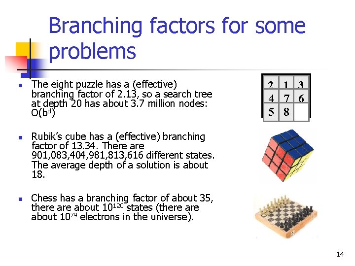 Branching factors for some problems n n n The eight puzzle has a (effective)