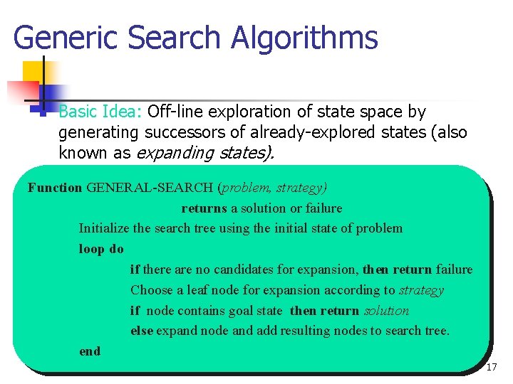 Generic Search Algorithms n Basic Idea: Off-line exploration of state space by generating successors