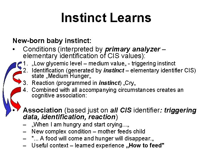 Instinct Learns New-born baby instinct: • Conditions (interpreted by primary analyzer – elementary identification