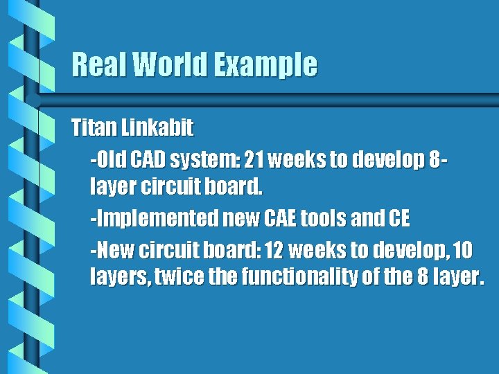 Real World Example Titan Linkabit -Old CAD system: 21 weeks to develop 8 layer