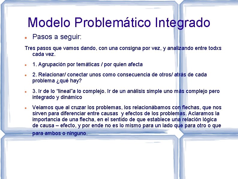 Modelo Problemático Integrado Pasos a seguir: Tres pasos que vamos dando, con una consigna