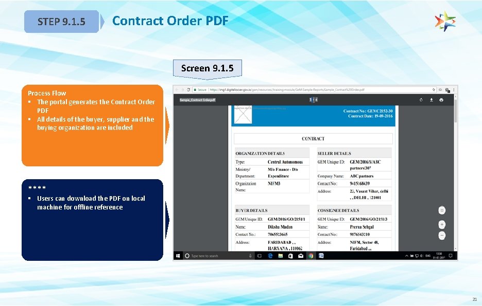 STEP 9. 1. 5 Contract Order PDF Screen 9. 1. 5 Process Flow §