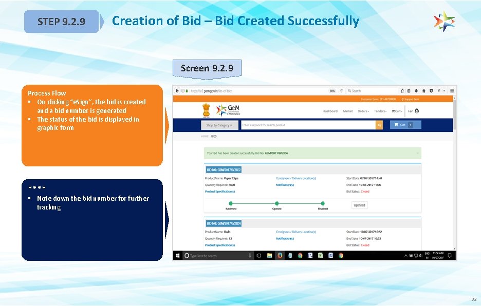 STEP 9. 2. 9 Creation of Bid – Bid Created Successfully Screen 9. 2.