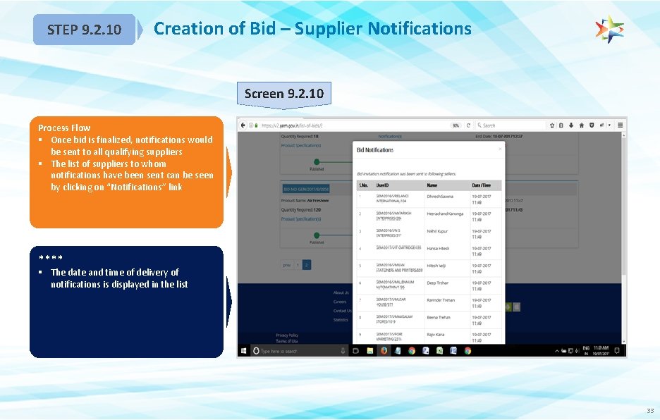 STEP 9. 2. 10 Creation of Bid – Supplier Notifications Screen 9. 2. 10