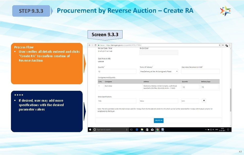 STEP 9. 3. 3 Procurement by Reverse Auction – Create RA Screen 9. 3.