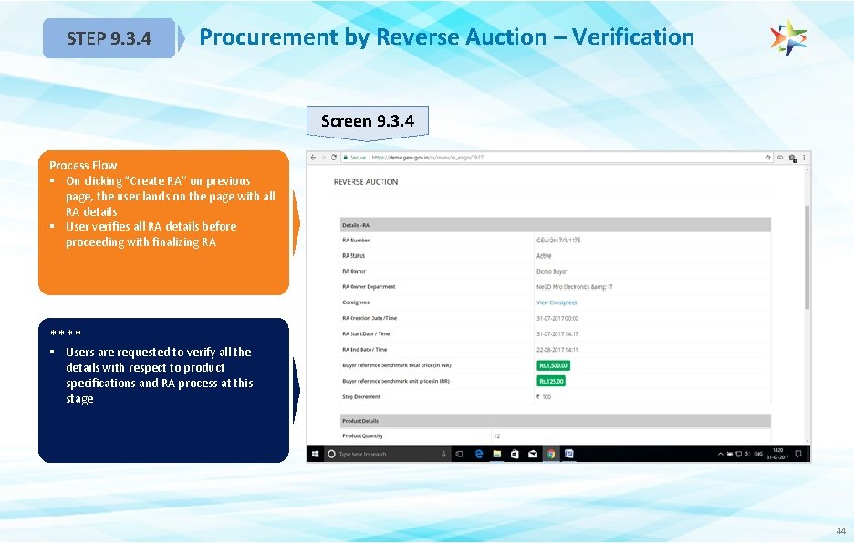 STEP 9. 3. 4 Procurement by Reverse Auction – Verification Screen 9. 3. 4