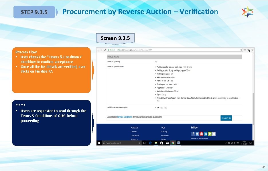 STEP 9. 3. 5 Procurement by Reverse Auction – Verification Screen 9. 3. 5
