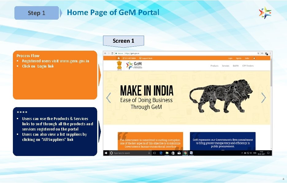 Step 1 Home Page of Ge. M Portal Screen 1 Process Flow § Registered