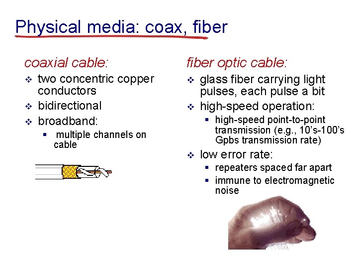 Physical media: coax, fiber coaxial cable: v v v two concentric copper conductors bidirectional