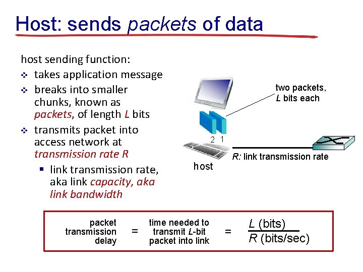 Host: sends packets of data host sending function: v takes application message v breaks