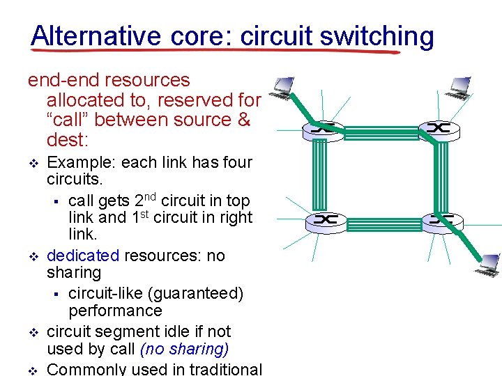Alternative core: circuit switching end-end resources allocated to, reserved for “call” between source &