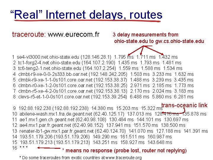 “Real” Internet delays, routes traceroute: www. eurecom. fr 3 delay measurements from ohio-state. edu
