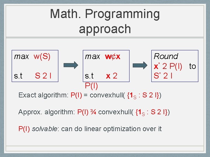 Math. Programming approach max w(S) max w¢x s. t x 2 P(I) S 2