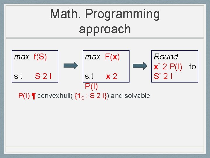Math. Programming approach max f(S) max F(x) s. t x 2 P(I) S 2