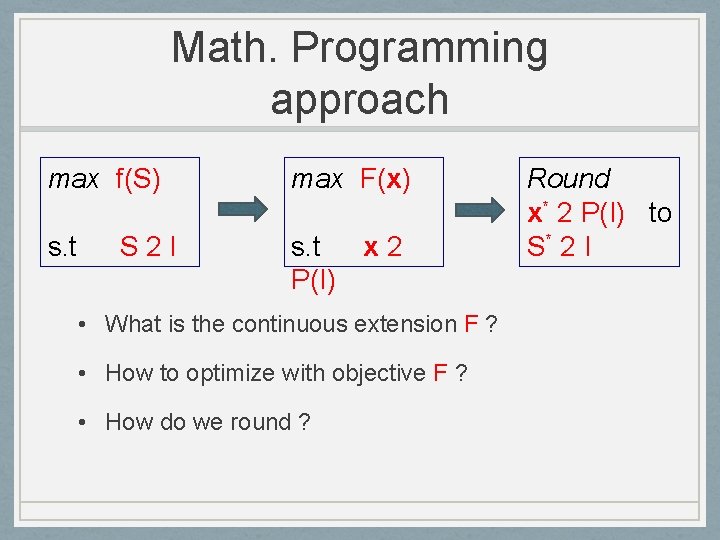 Math. Programming approach max f(S) max F(x) s. t x 2 P(I) S 2