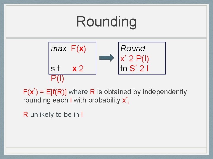 Rounding max F(x) s. t x 2 P(I) Round x* 2 P(I) to S*
