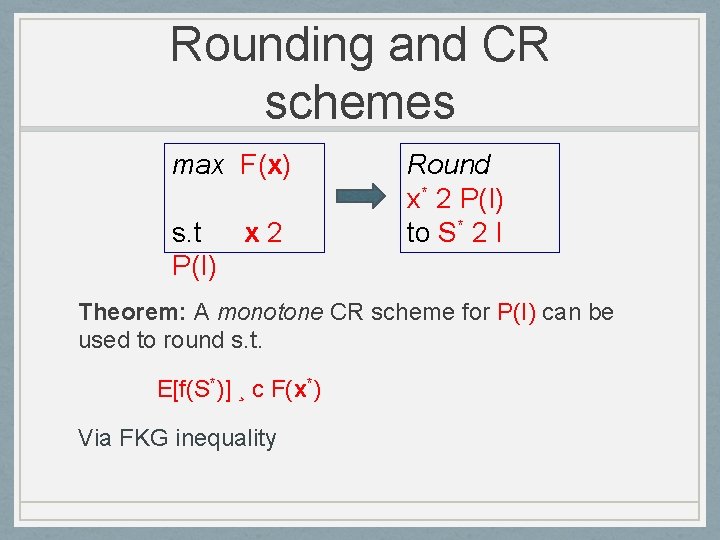 Rounding and CR schemes max F(x) s. t x 2 P(I) Round x* 2