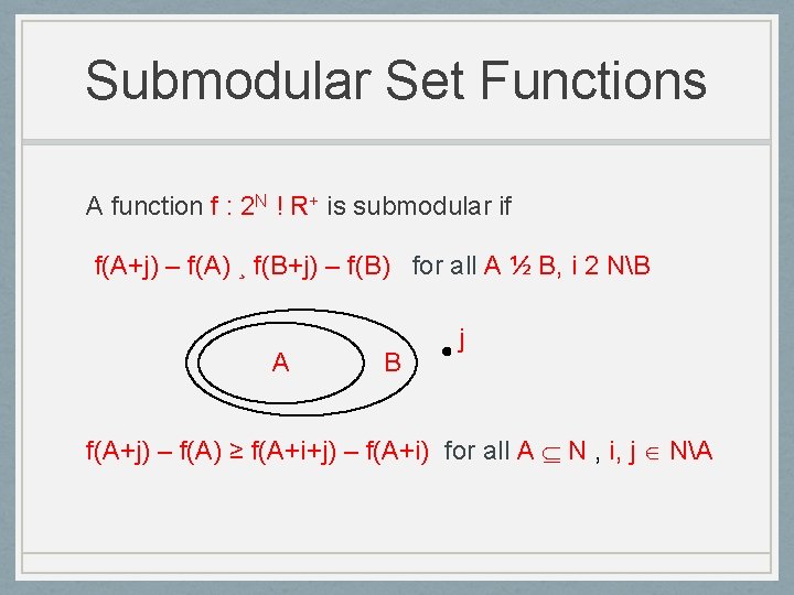 Submodular Set Functions A function f : 2 N ! R+ is submodular if