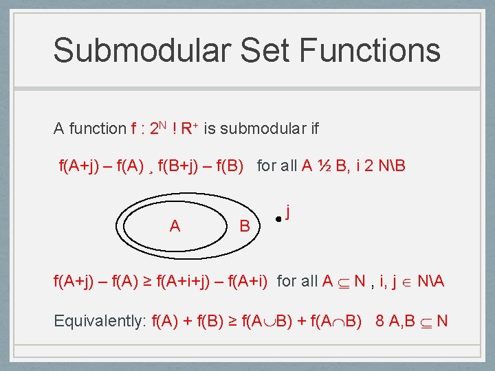 Submodular Set Functions A function f : 2 N ! R+ is submodular if