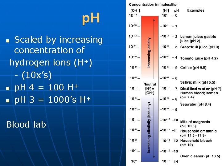 p. H Scaled by increasing concentration of hydrogen ions (H+) - (10 x’s) n