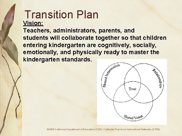 Transition Plan Vision: Teachers, administrators, parents, and students will collaborate together so that children
