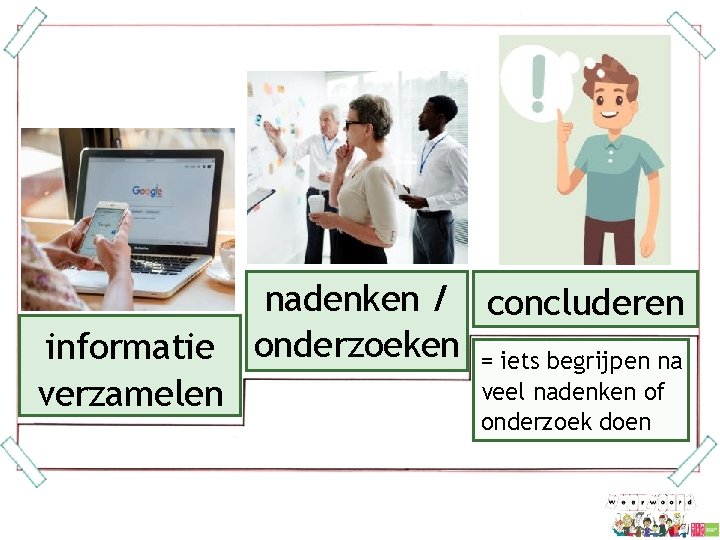informatie verzamelen nadenken / concluderen onderzoeken = iets begrijpen na veel nadenken of onderzoek