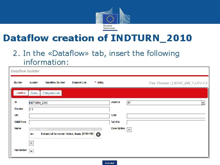 Dataflow creation of INDTURN_2010 2. In the «Dataflow» tab, insert the following information: 34