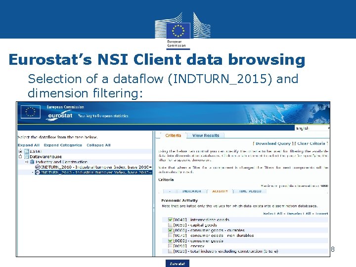 Eurostat’s NSI Client data browsing Selection of a dataflow (INDTURN_2015) and dimension filtering: 48