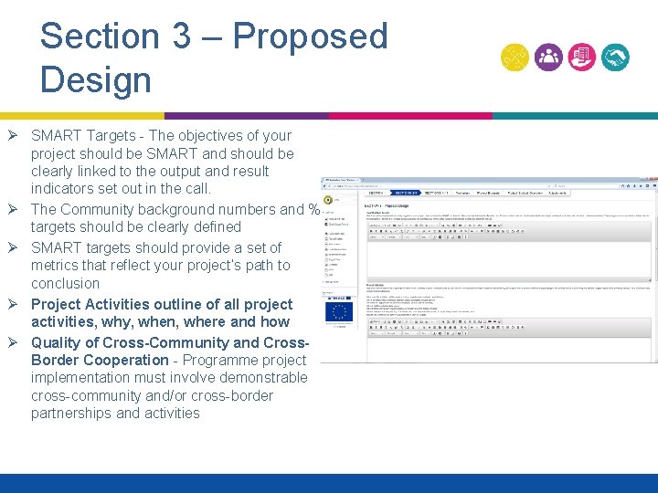 Section 3 – Proposed Design Ø SMART Targets - The objectives of your project