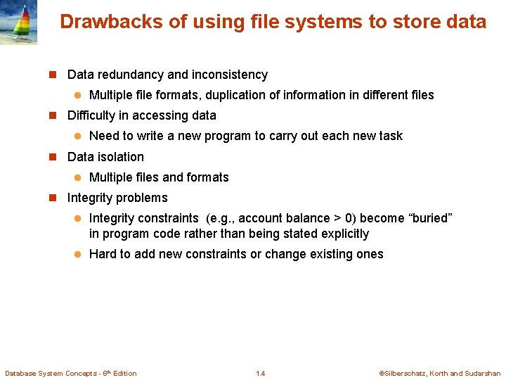 Drawbacks of using file systems to store data n Data redundancy and inconsistency l Drawbacks of using file systems to store data n Data redundancy and inconsistency l