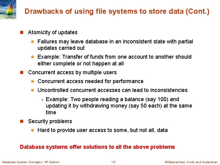 Drawbacks of using file systems to store data (Cont. ) n Atomicity of updates Drawbacks of using file systems to store data (Cont. ) n Atomicity of updates