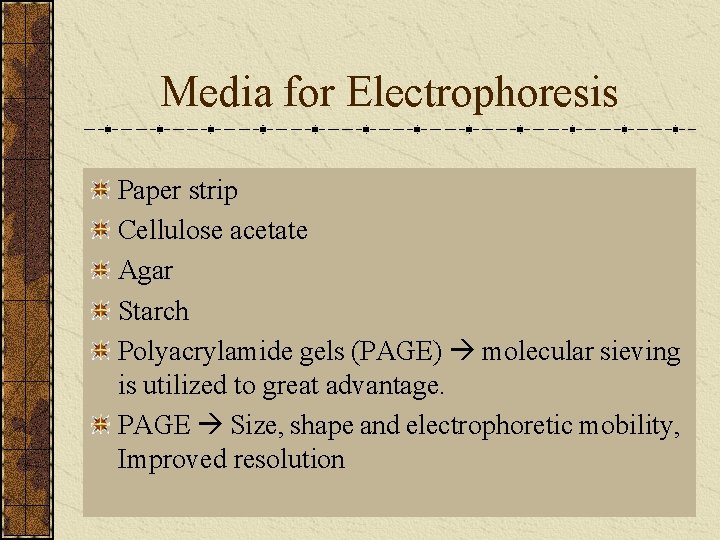 Media for Electrophoresis Paper strip Cellulose acetate Agar Starch Polyacrylamide gels (PAGE) molecular sieving